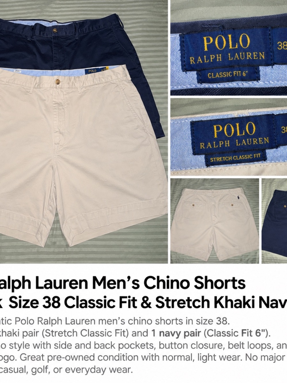 Polo Ralph Lauren Men’s Chino Shorts Lot of 2 Size 38 Navy Khaki Classic Fit